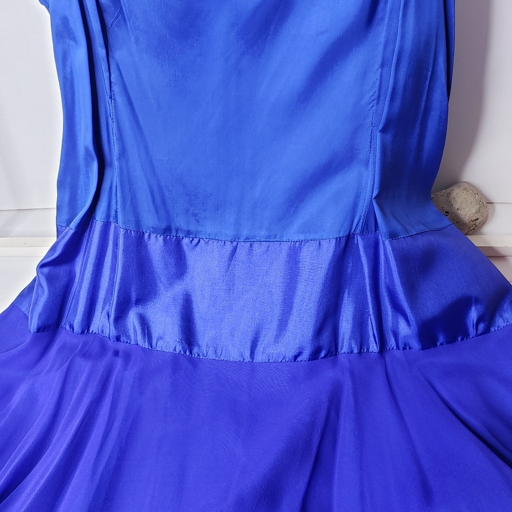 Vtg Maxi Slip Dress Flowy Royal Blue Silk Y2K Pixi Fairy Crepe Sheer Satin Event - Picture 6 of 15